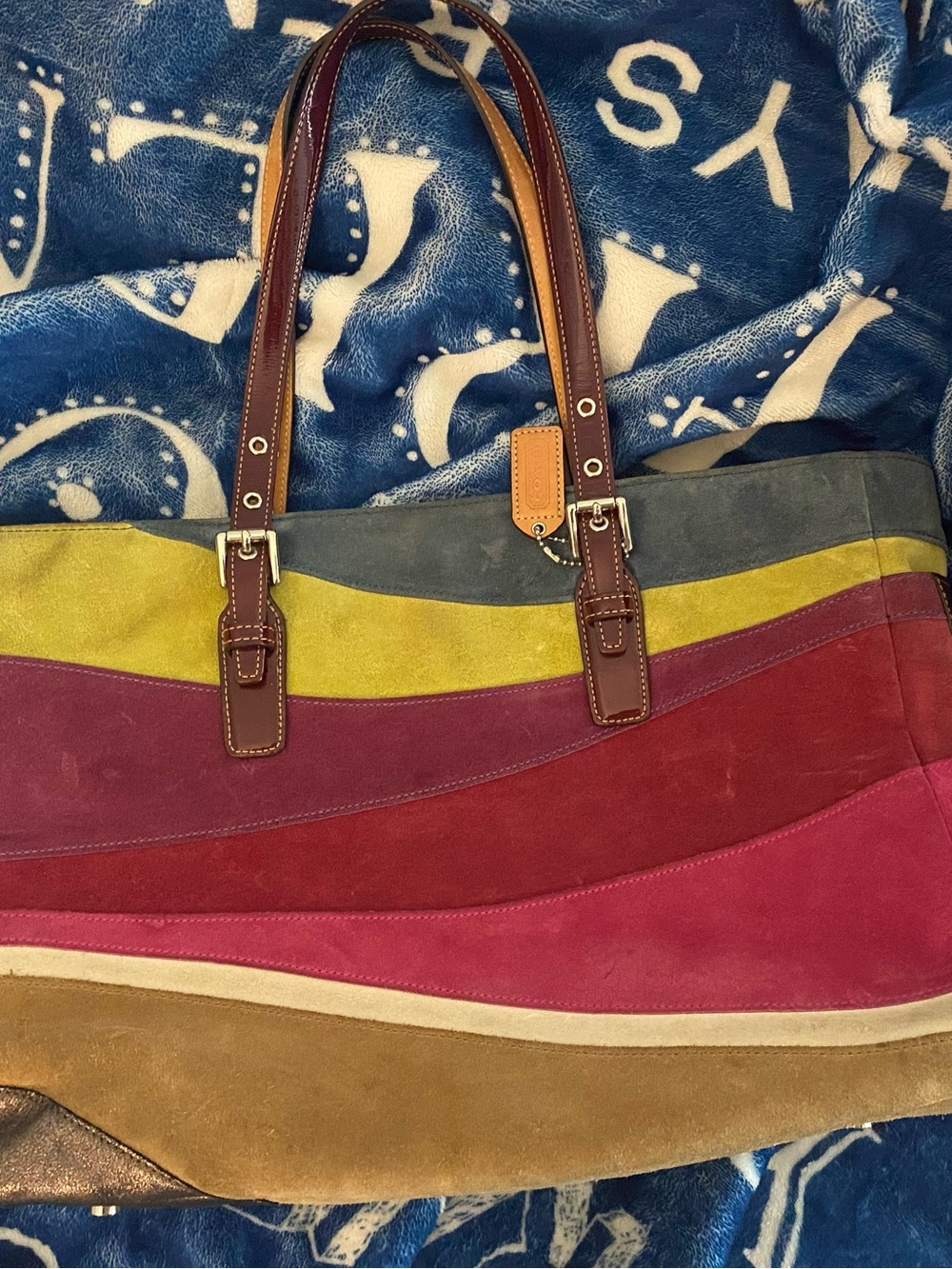 Coach Multicolor Suede Stripe Tote with Brown Leather Handles